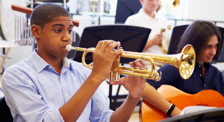 Students in band class practicing in class  